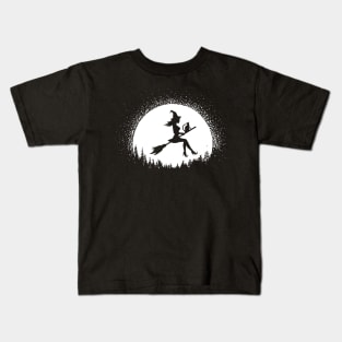 Halloween Witch Riding Broomstick Over Moon Kids T-Shirt